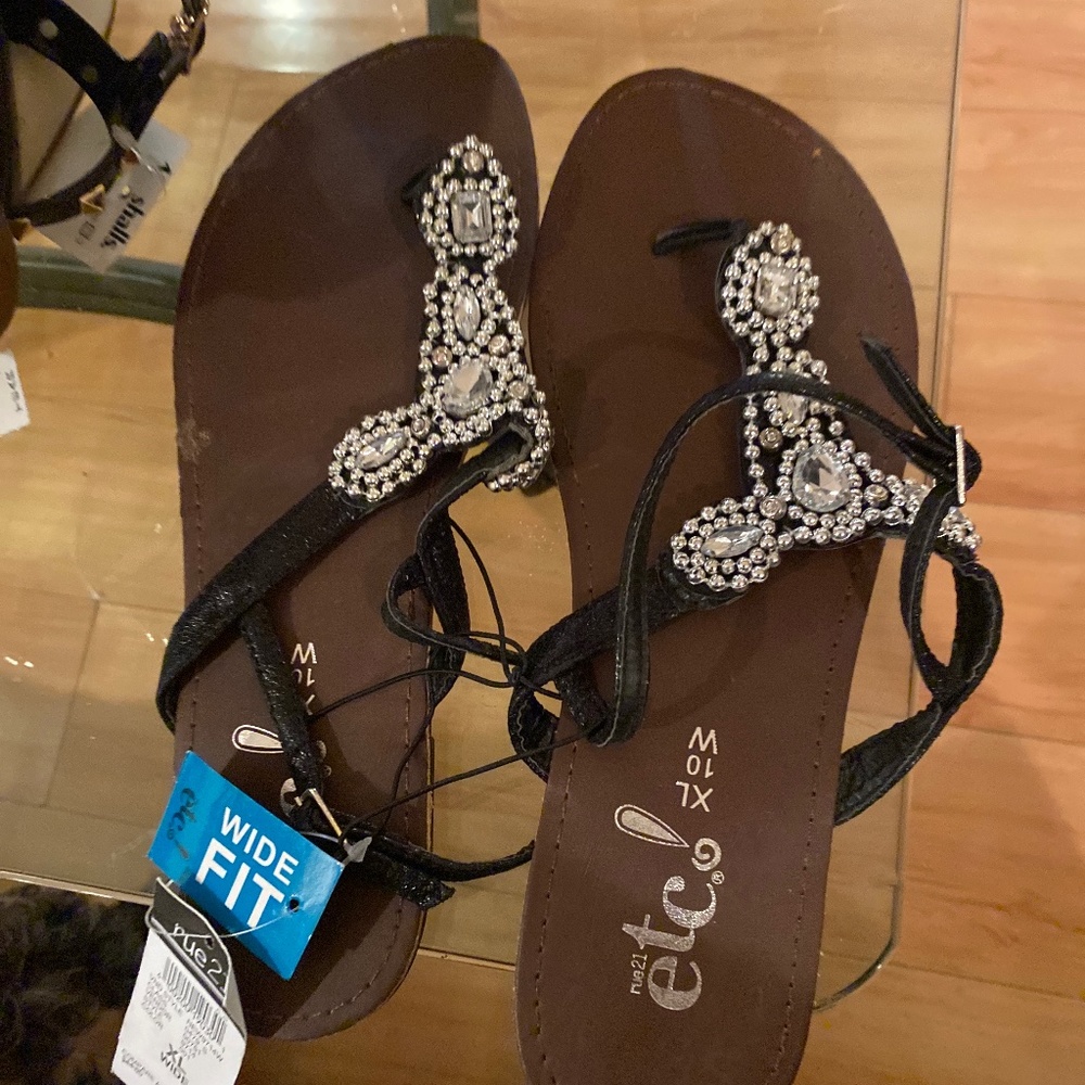 Black bead studded flat Sandals . Never worn